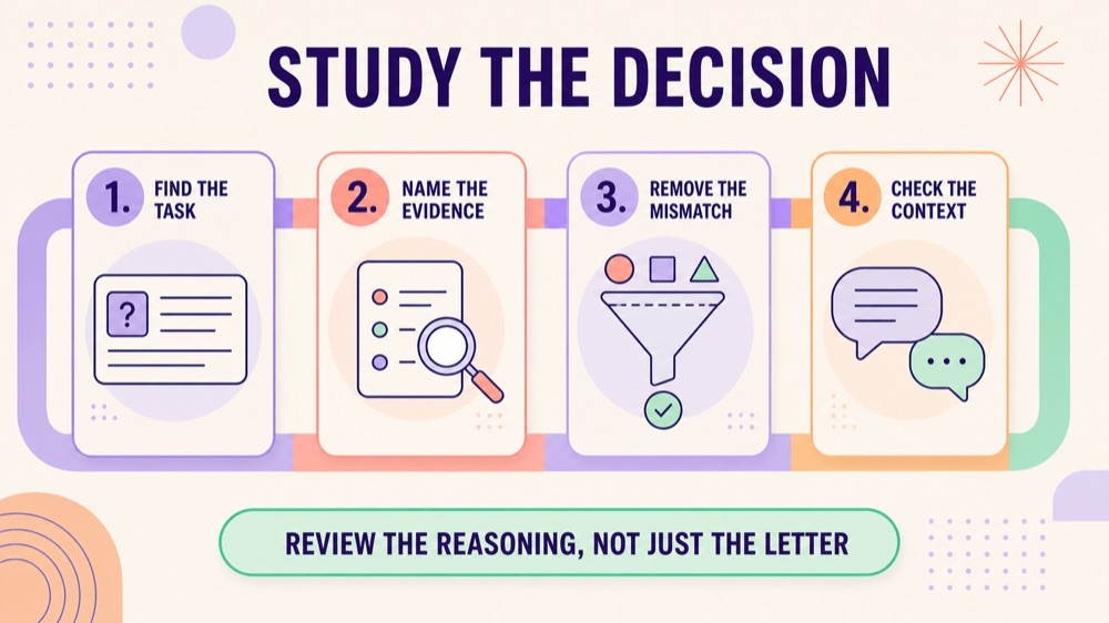 SLP Praxis study decision review infographic showing four reasoning steps