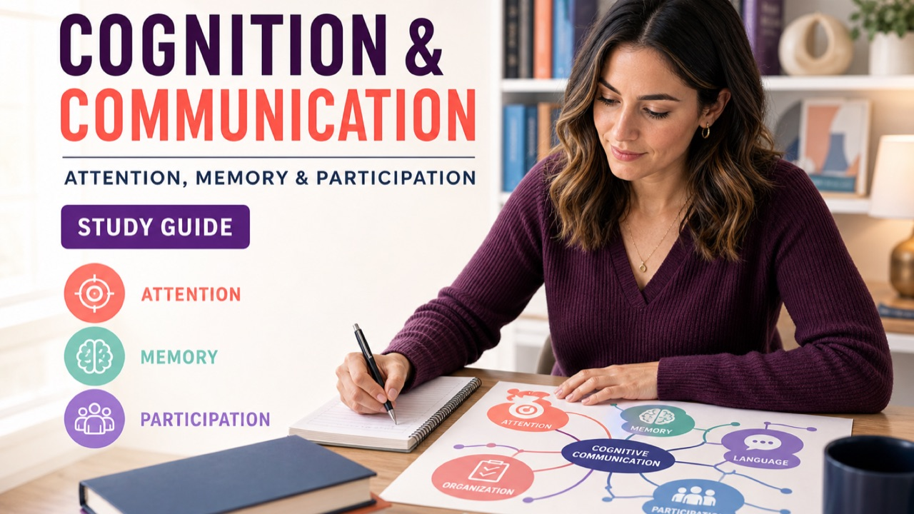 Cognition and communication study guide cover with a learner reviewing attention, memory, and participation