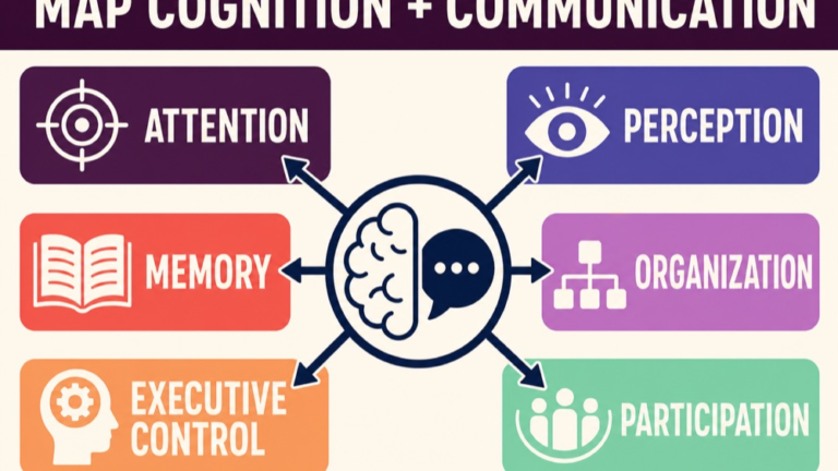 Cognition and communication map connecting attention, perception, memory, organization, executive control, language, and participation