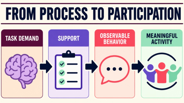 Cognitive communication reasoning infographic connecting task demand, support, observable behavior, and participation