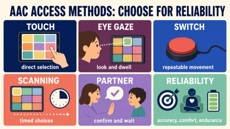 AAC access methods map comparing direct selection, eye gaze, switches, scanning, partner support, and reliability