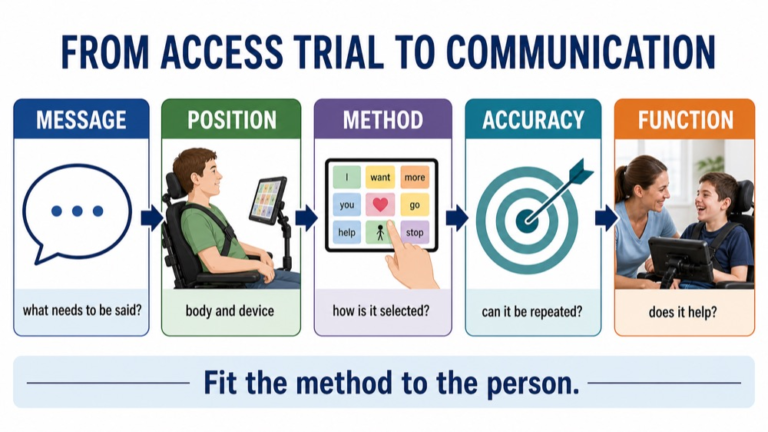 AAC access reasoning infographic comparing task, body position, selection method, accuracy, fatigue, and participation