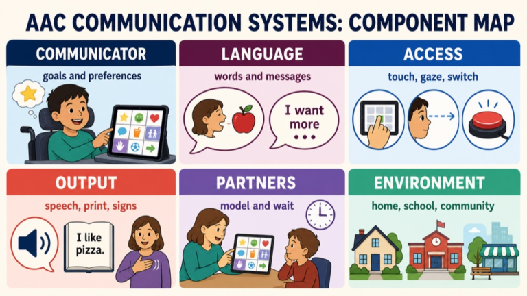 AAC communication systems map connecting communicator, language, access, output, partners, environment, and function