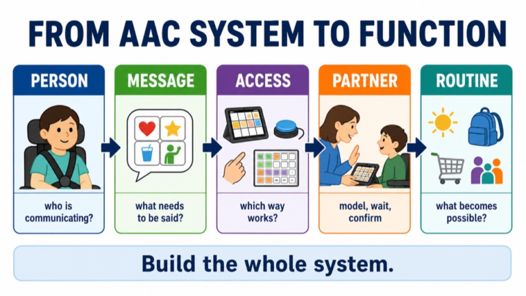 AAC system reasoning infographic comparing person, message, access method, output, partner support, and routine