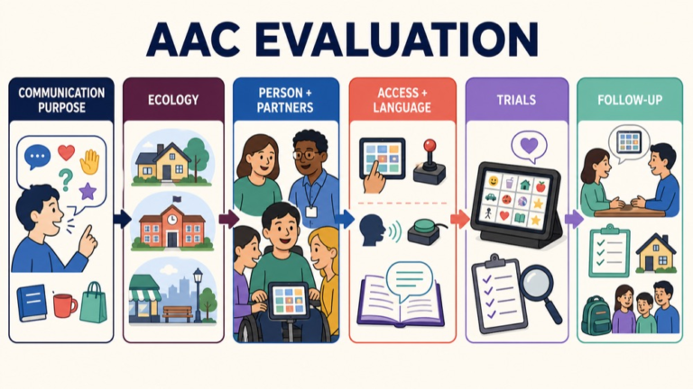 AAC evaluation map connecting communication purpose, ecology, people and partners, access, trials, and follow-up