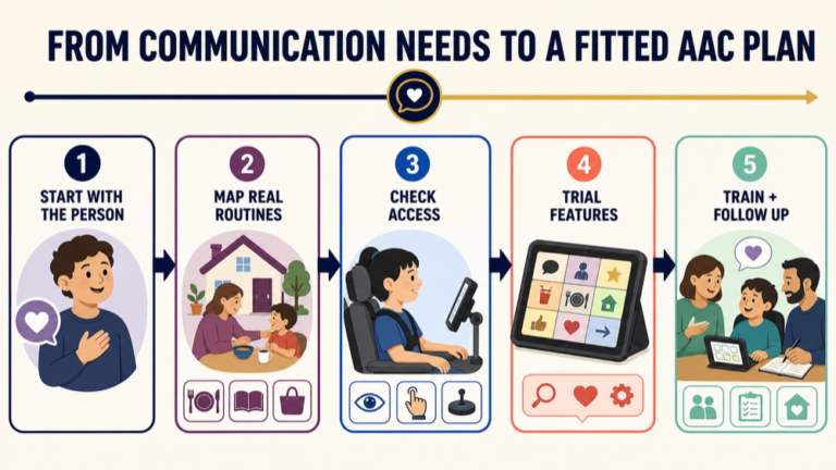 AAC evaluation infographic showing the path from communication needs to a fitted participation plan