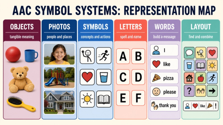 AAC symbol systems map comparing objects, pictures, graphic symbols, letters, words, layout, and personalization