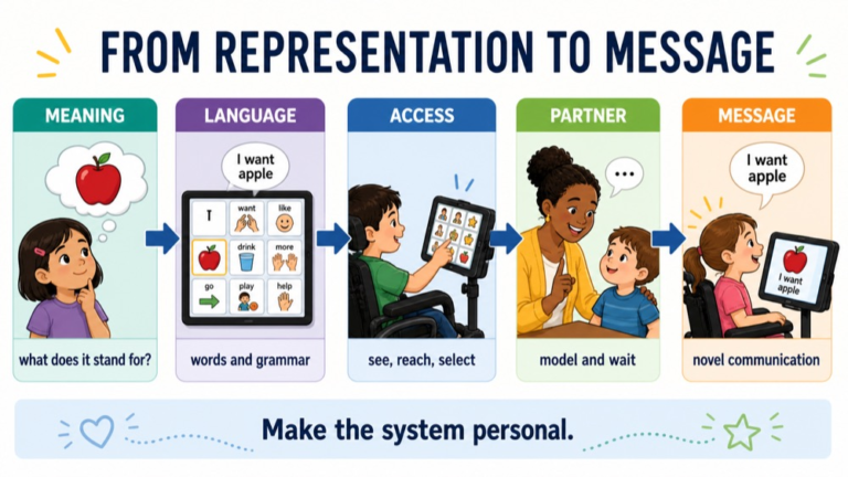 AAC symbol reasoning infographic comparing representation, meaning, language, navigation, partner support, and message generation