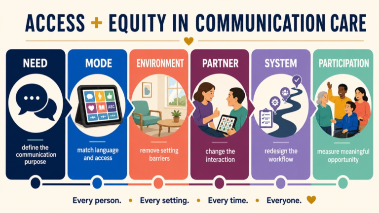 Access and equity in communication care map connecting communication need, environment, partners, language, system design, and participation