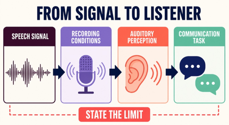 Acoustic reasoning infographic connecting speech signal, recording conditions, auditory perception, and communication task