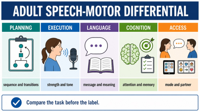 Acquired apraxia reasoning infographic comparing planning, dysarthria, aphasia, cognition, feedback, and participation
