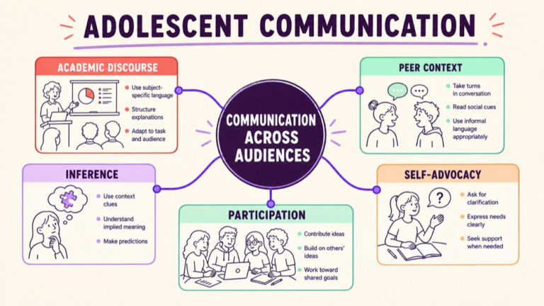 Adolescent communication map connecting academic discourse, peer context, inference, self-advocacy, and participation
