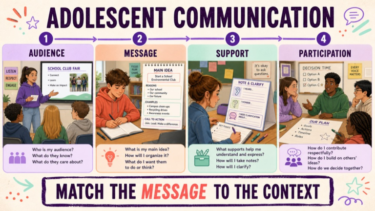 Audience and context map for adolescent communication across classroom, peer, family, and work settings