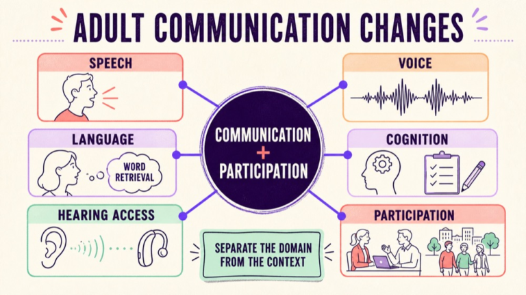 Adult communication map separating speech, voice, language, cognition, hearing access, and participation