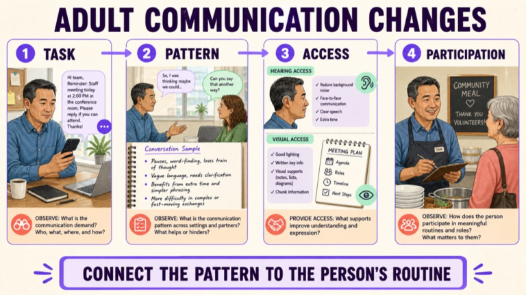 Adult communication participation map connecting task, partner, environment, support, and outcome