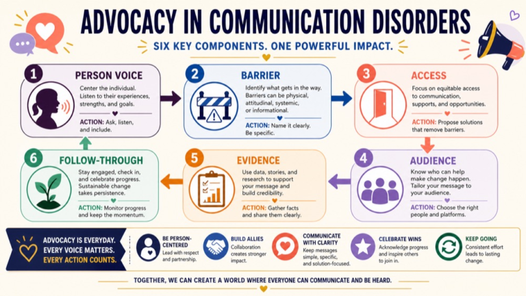 Advocacy in communication disorders map connecting person voice, access, barrier, audience, evidence, and follow-through