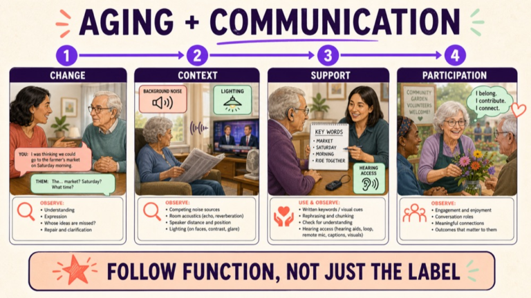 Functional aging communication map showing change, context, access, support, and participation