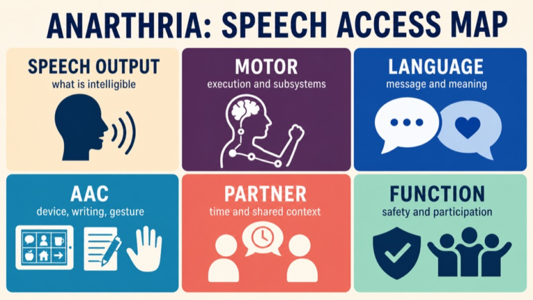 Anarthria study map connecting speech output, motor execution, planning, language, access, and participation