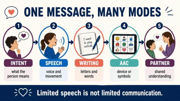 Anarthria reasoning infographic comparing speech, writing, gesture, AAC, partner support, and functional communication
