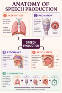 Speech production anatomy map connecting respiration, larynx, resonance, articulation, timing, and coordination