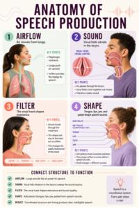 Speech production function map comparing airflow, phonation, resonance, articulation, and connected speech