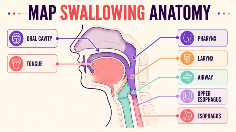 Simplified swallowing anatomy map connecting oral cavity, tongue, pharynx, larynx, airway, upper esophagus, and esophagus