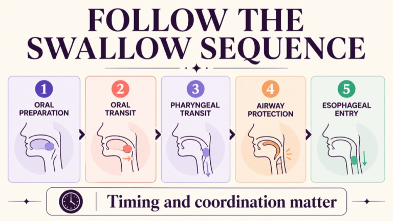 Swallowing sequence infographic showing oral preparation, oral transit, pharyngeal transit, airway protection, and esophageal entry