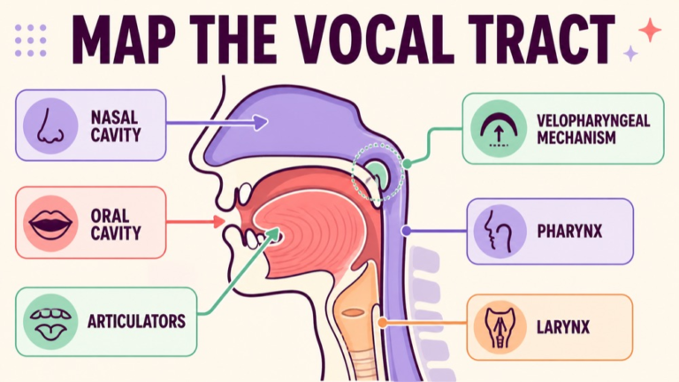 Simplified vocal tract anatomy map connecting larynx, pharynx, velopharyngeal mechanism, oral cavity, nasal cavity, and articulators