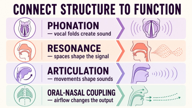 Vocal tract structure to function map comparing phonation, resonance, articulation, oral nasal coupling, and connected speech