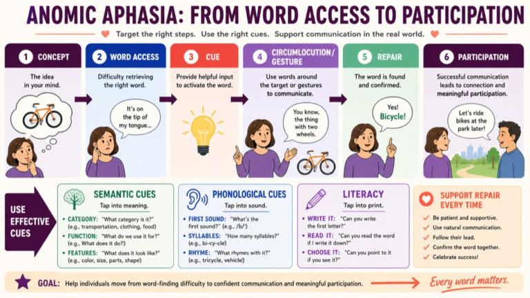 Anomic aphasia study map connecting word retrieval, naming, semantic cues, phonological cues, discourse, literacy, and repair