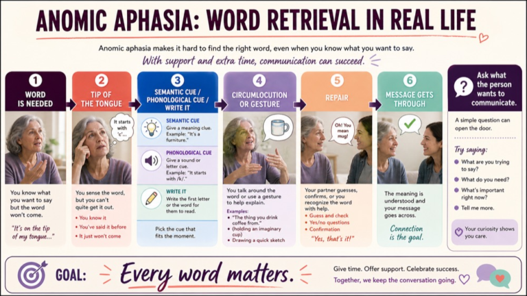 Anomic aphasia reasoning infographic showing concept, word access, cueing, circumlocution, modality, and functional participation