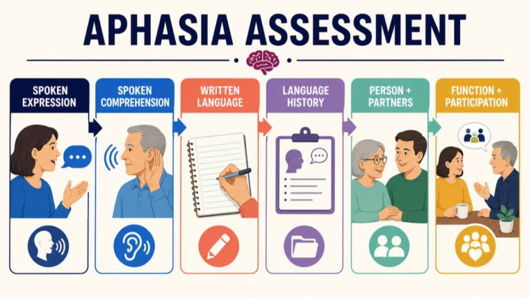 Aphasia assessment map connecting spoken expression, comprehension, written language, history, partners, and integrated results