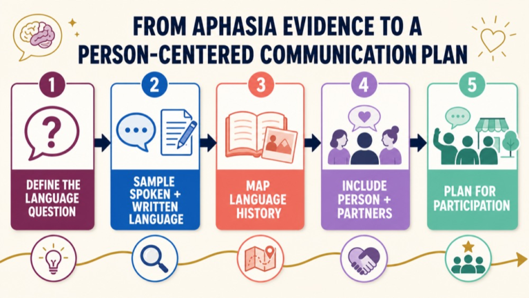 Aphasia assessment infographic showing the path from language evidence to a person-centered communication plan