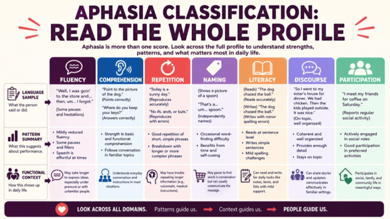 Aphasia classification study map connecting fluency, comprehension, repetition, naming, literacy, discourse, and participation