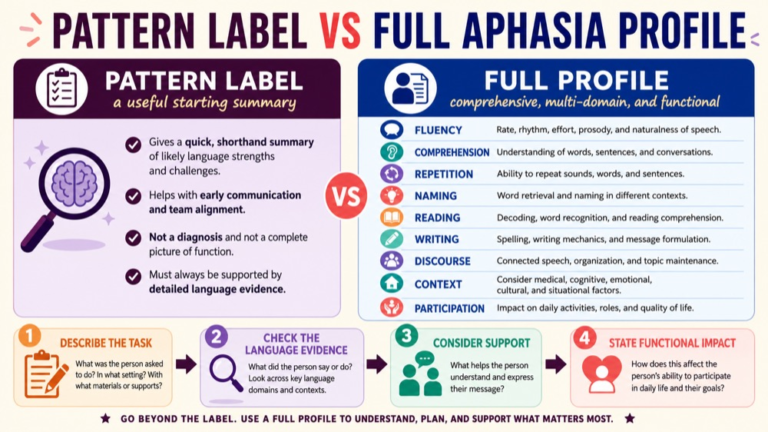Aphasia reasoning infographic comparing a pattern label with language sample, task, modality, support, and participation