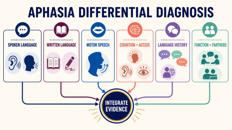 Aphasia differential diagnosis map connecting spoken language, written language, motor speech, cognition, history, and function