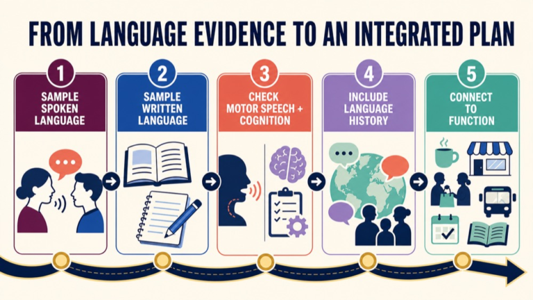 Aphasia differential diagnosis infographic showing the path from language evidence to an integrated communication plan