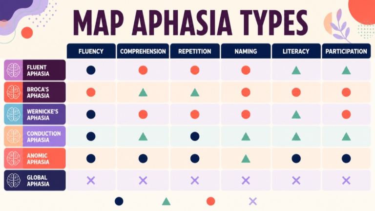 Aphasia type study map connecting fluency, comprehension, repetition, naming, literacy, and functional communication