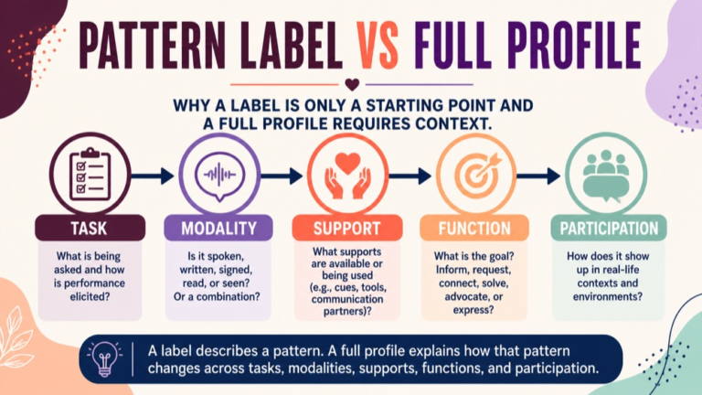 Aphasia reasoning infographic comparing language pattern labels with task, modality, support, and participation