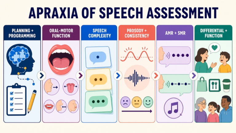 Apraxia of speech assessment map connecting planning, oral motor, speech complexity, prosody, AMR and SMR, and differential reasoning