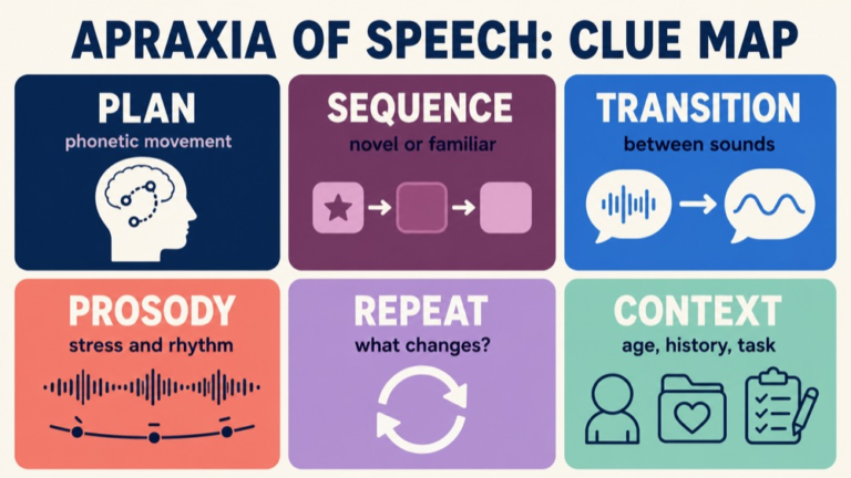 Apraxia of speech study map connecting planning, programming, consistency, transitions, prosody, and context