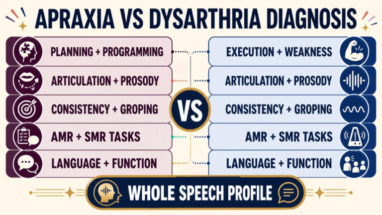 Apraxia versus dysarthria map comparing planning, execution, prosody, consistency, supporting tasks, and function