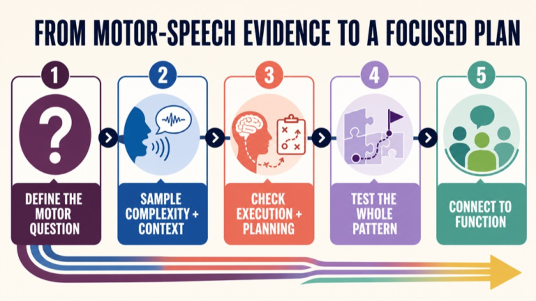 Apraxia versus dysarthria infographic showing the path from motor-speech evidence to a focused clinical plan