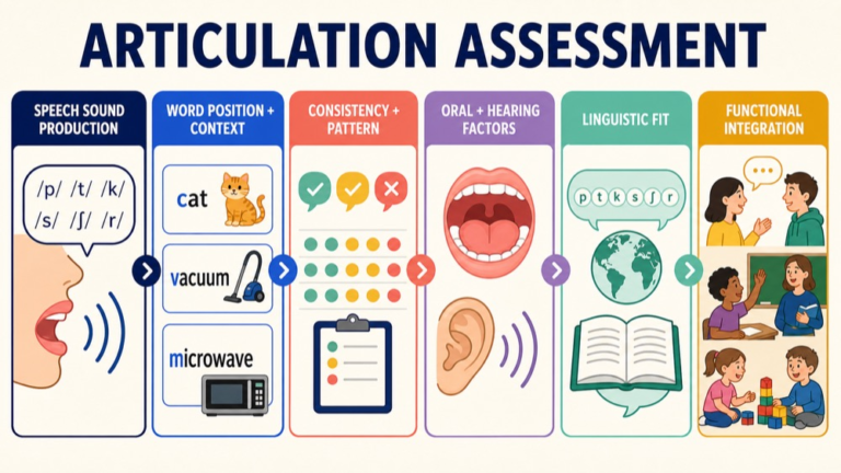 Articulation assessment map connecting speech sound production, context, consistency, contributors, linguistic fit, and function