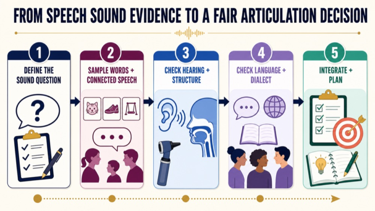 Articulation assessment infographic showing the path from speech sound evidence to a fair clinical decision