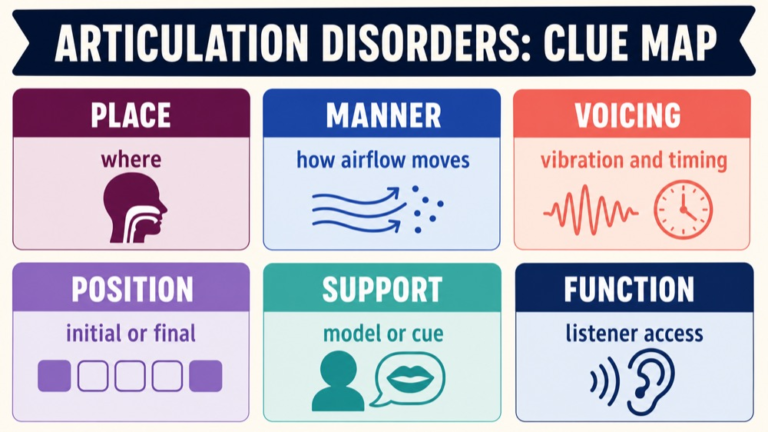 Articulation disorder map connecting place, manner, voicing, word position, stability, support, and function