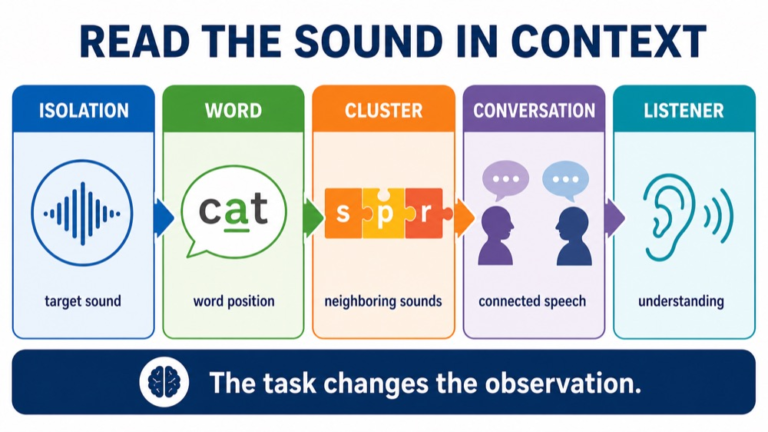 Articulation reasoning infographic comparing isolated sound, word position, cluster, conversation, cueing, and listener access