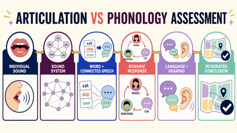 Articulation versus phonology assessment map comparing individual sound production, sound system, sampling, dynamic response, context, and integration