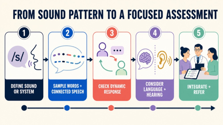 Articulation versus phonology infographic showing the path from a speech-sound profile to a focused assessment plan