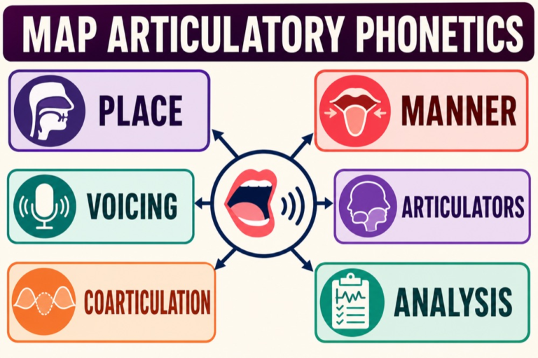 Articulatory phonetics map connecting place, manner, voicing, articulators, coarticulation, and analysis